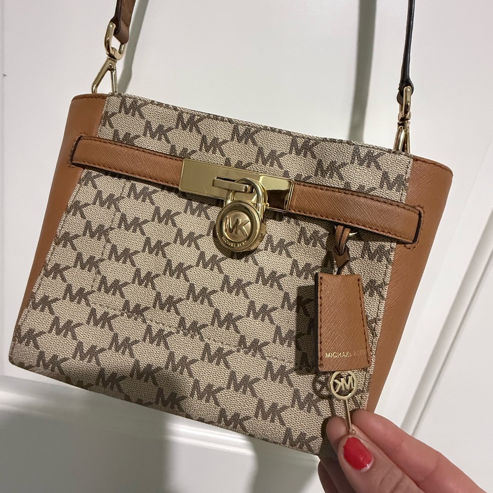Michael Kors Gold and Tan Logo Crossbody Bag